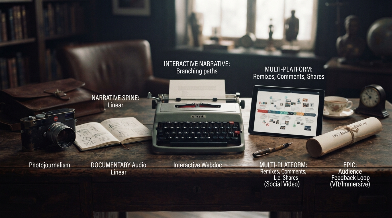 Editorial illustration for Five Digital Storytelling Formats, Compared by Narrative Spine, Medium, and Feedback Loop